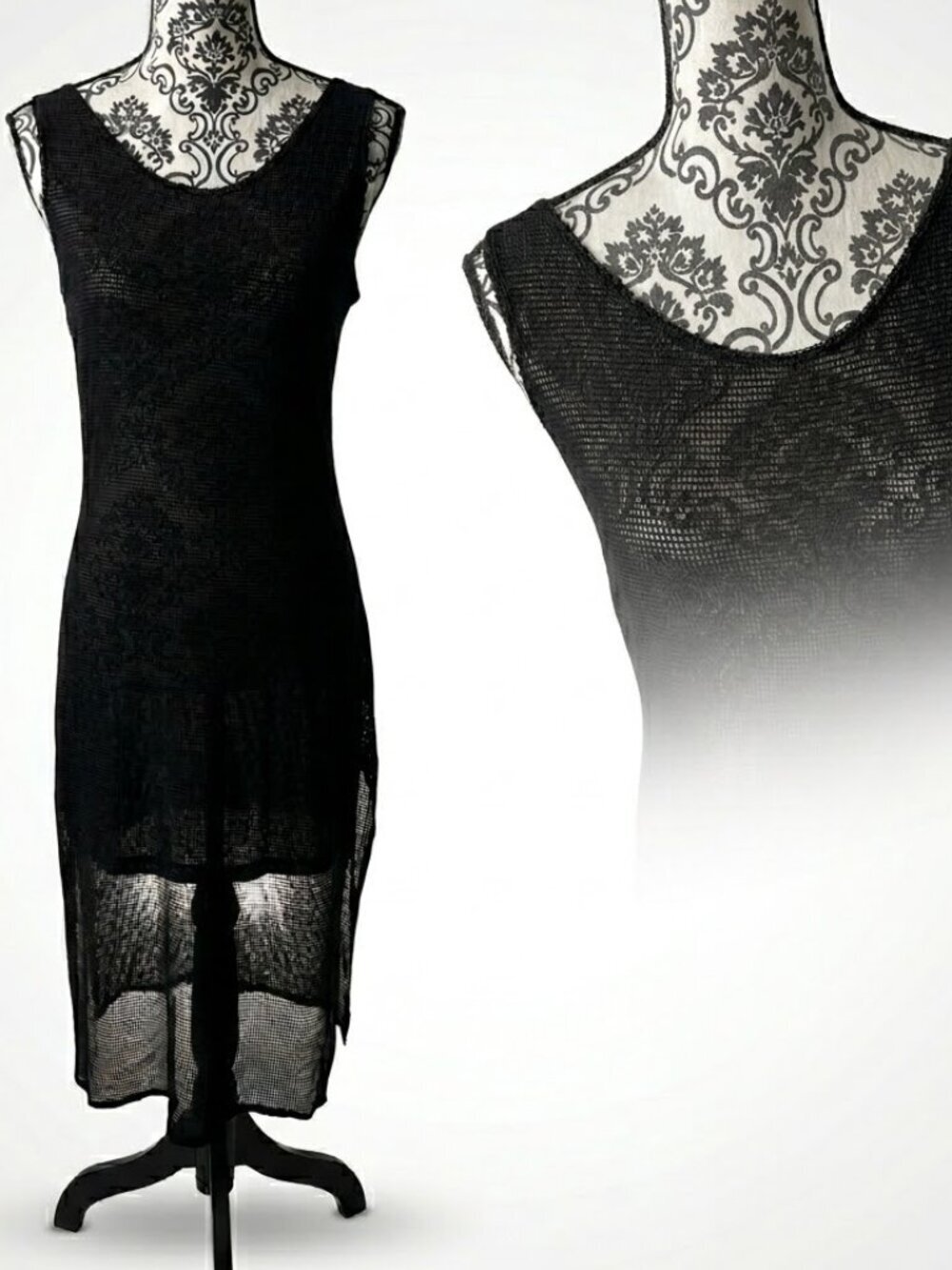 Vintage 90s Black Mesh Sheer high slit Tank Dress Gothic Clubwear Cover-Up, L